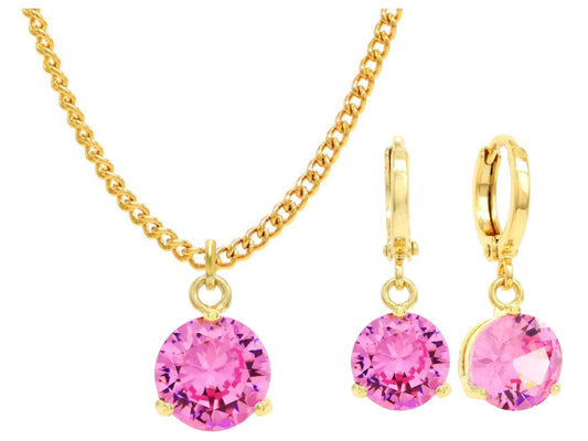 Yellow gold pink round gem necklace and earrings MAIN