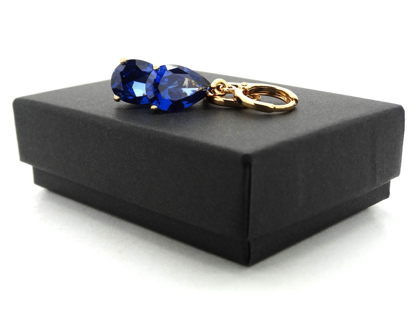 Blue raindrop yellow gold earrings GIFT BOX