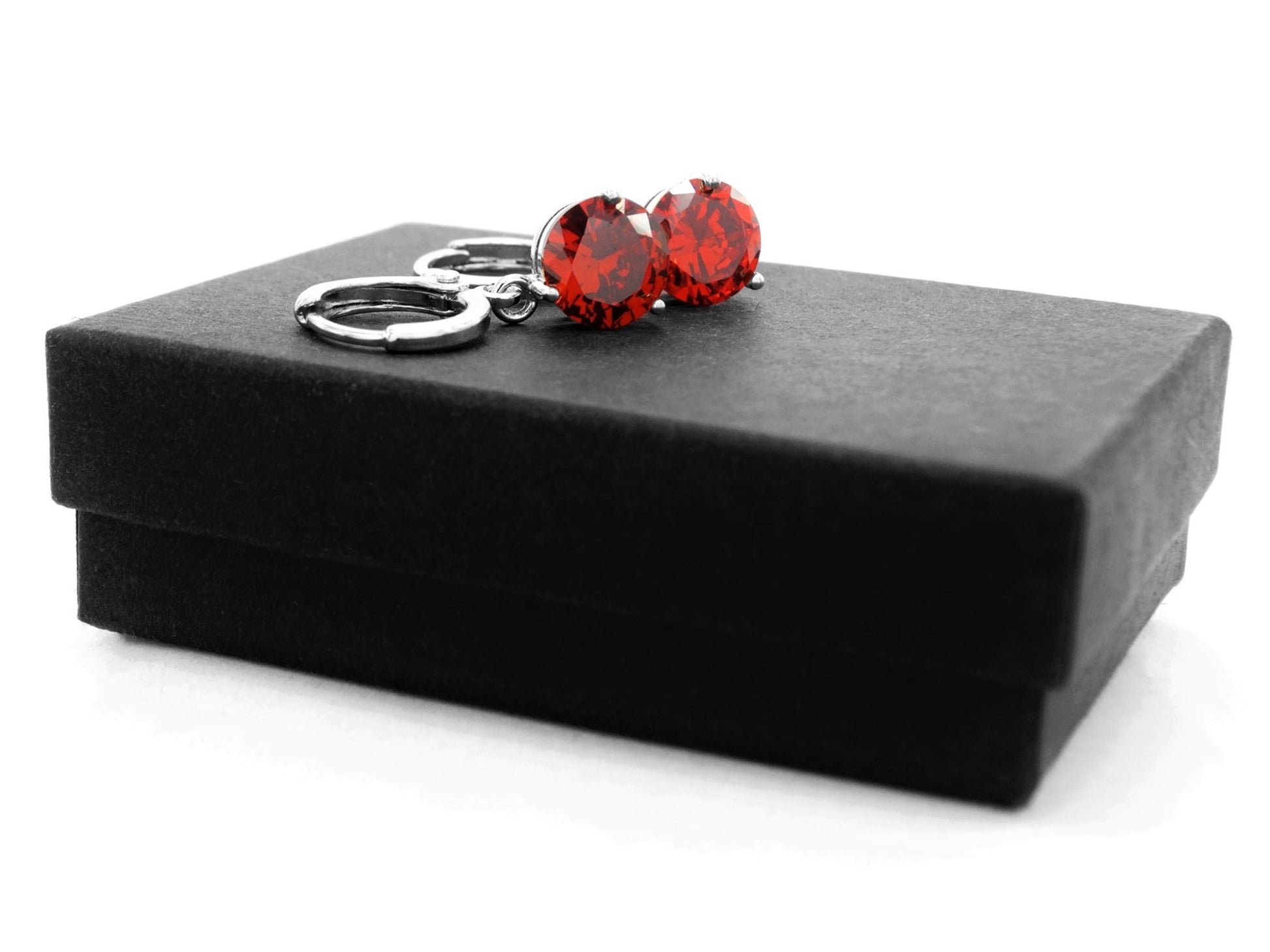 White gold red round gem necklace and earrings GIFT BOX