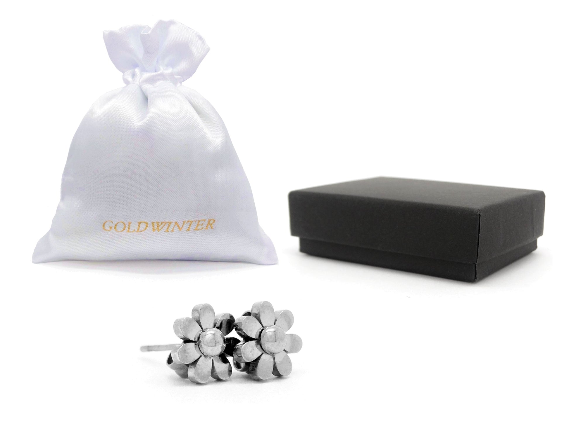 White gold flower stud earrings GIFT BAG AND BOX