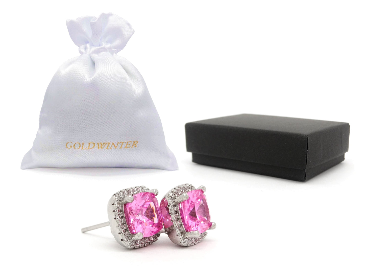 Sterling silver pink princess stud earrings GIFT BAG AND BOX