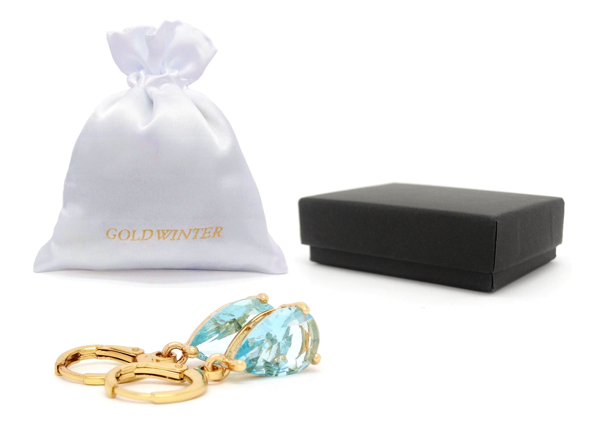 Yellow Gold Light Blue Pear Gem Necklace And Earrings GIFT BOX