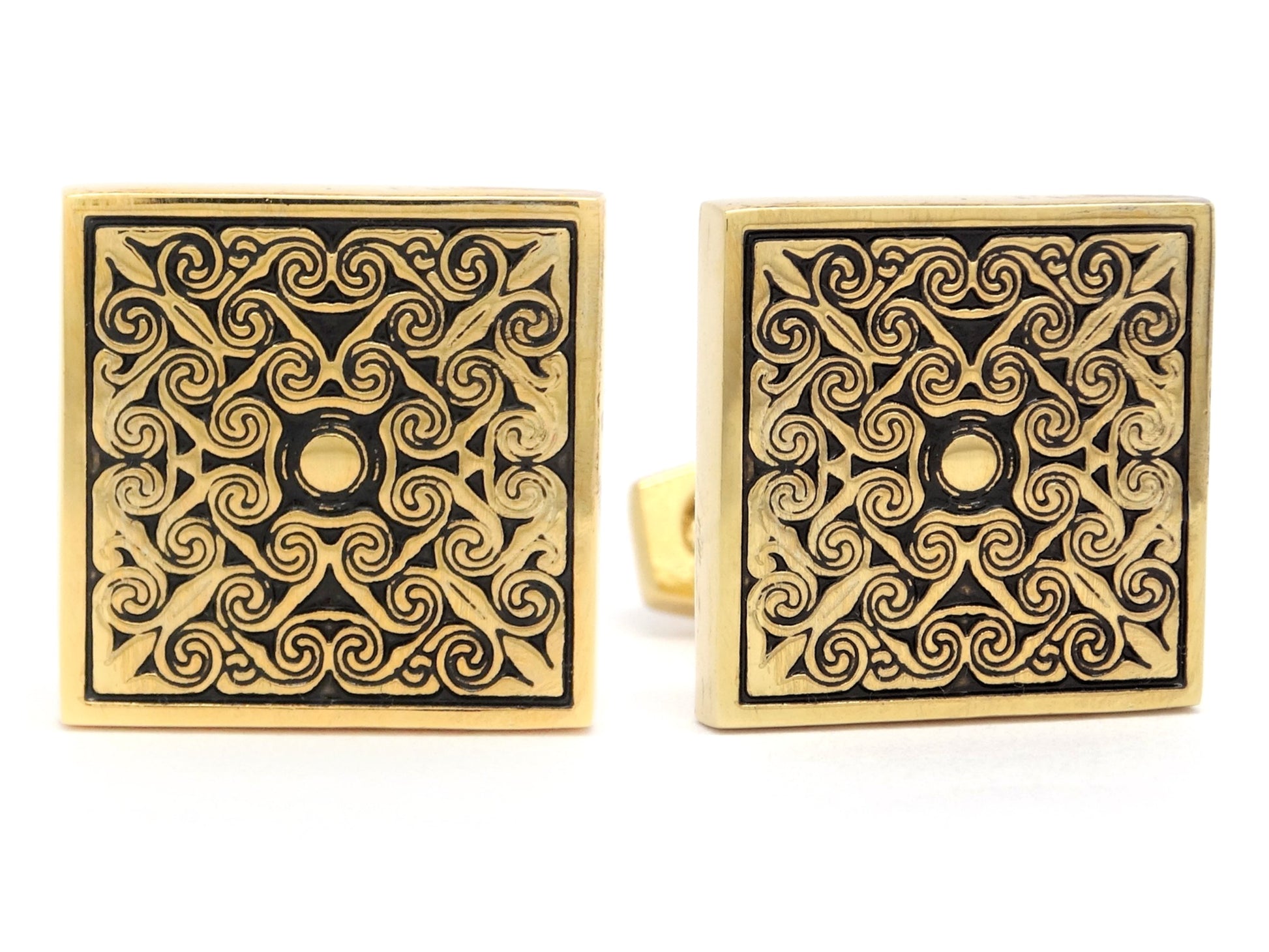 Yellow gold black engraved square cufflinks MAIN