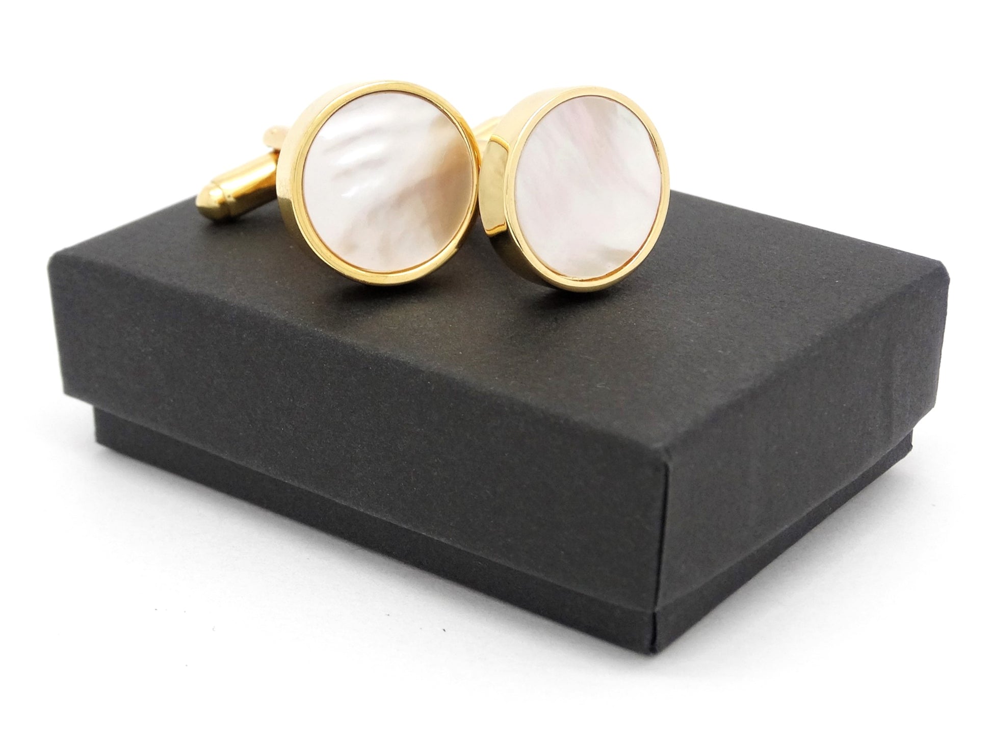 Yellow gold white seashell cufflinks GIFT BOX