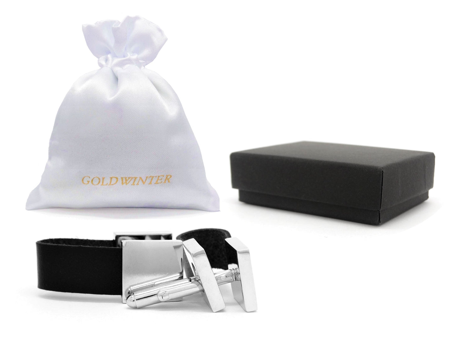 Black leather polished steel cufflinks GIFT BAG AND BOX