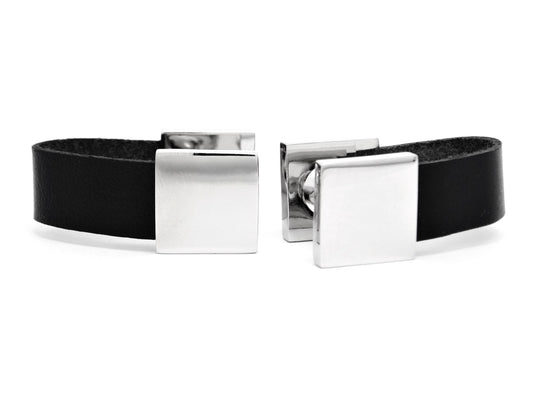 Black leather polished steel cufflinks MAIN