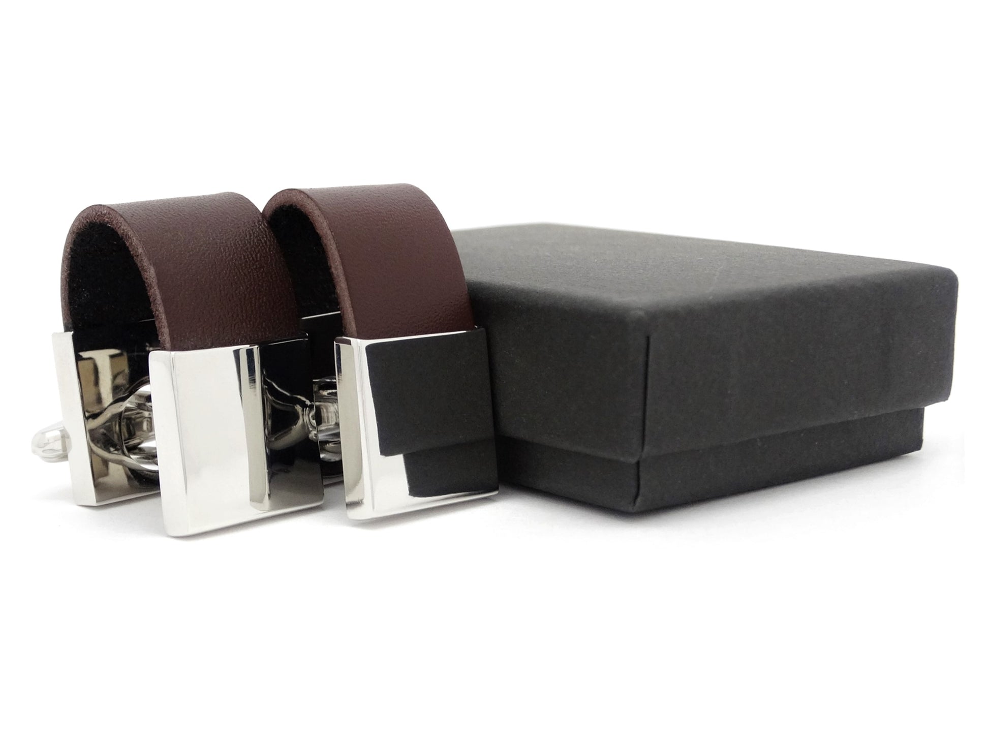 Brown Leather Polished Steel Cufflinks GIFT BOX