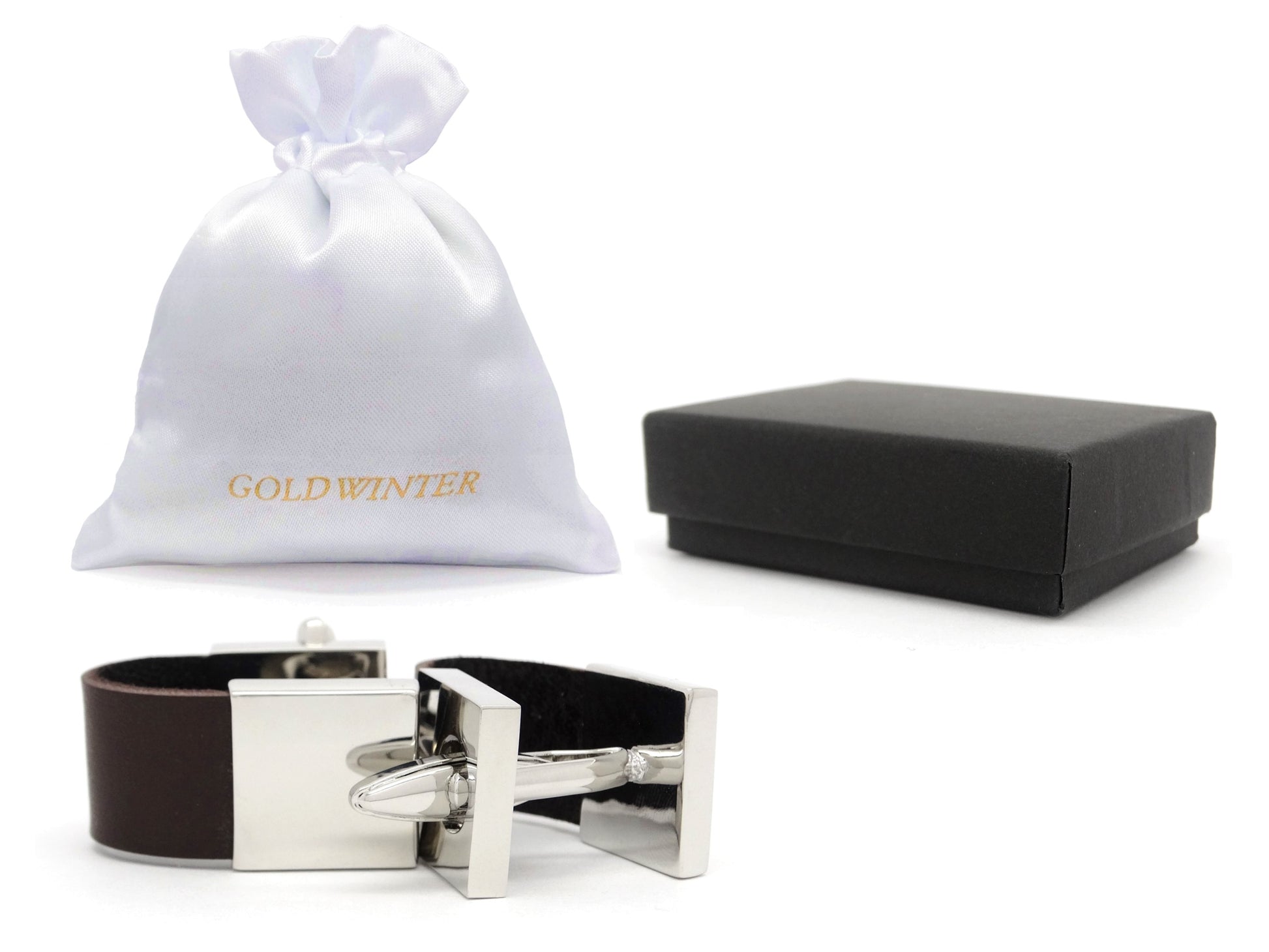 Brown Leather Polished Steel Cufflinks GIFT BAG