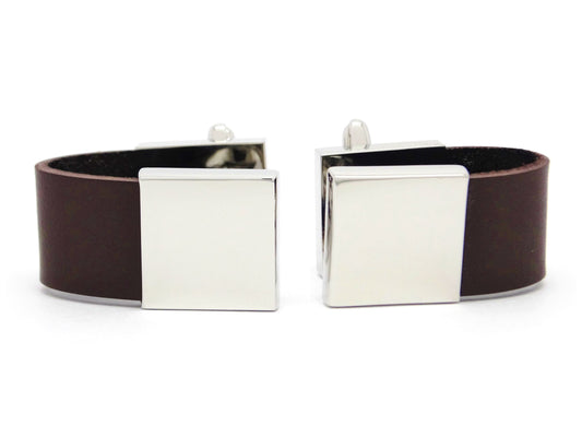 Brown Leather Polished Steel Cufflinks MAIN