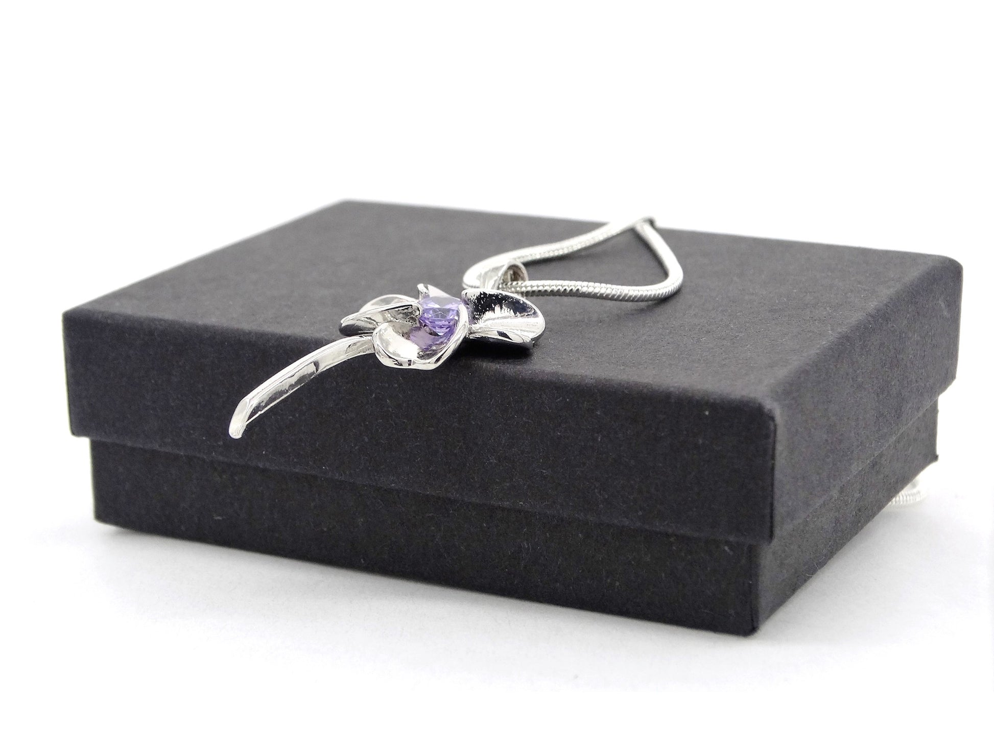 Silver flower purple gem necklace GIFT BOX