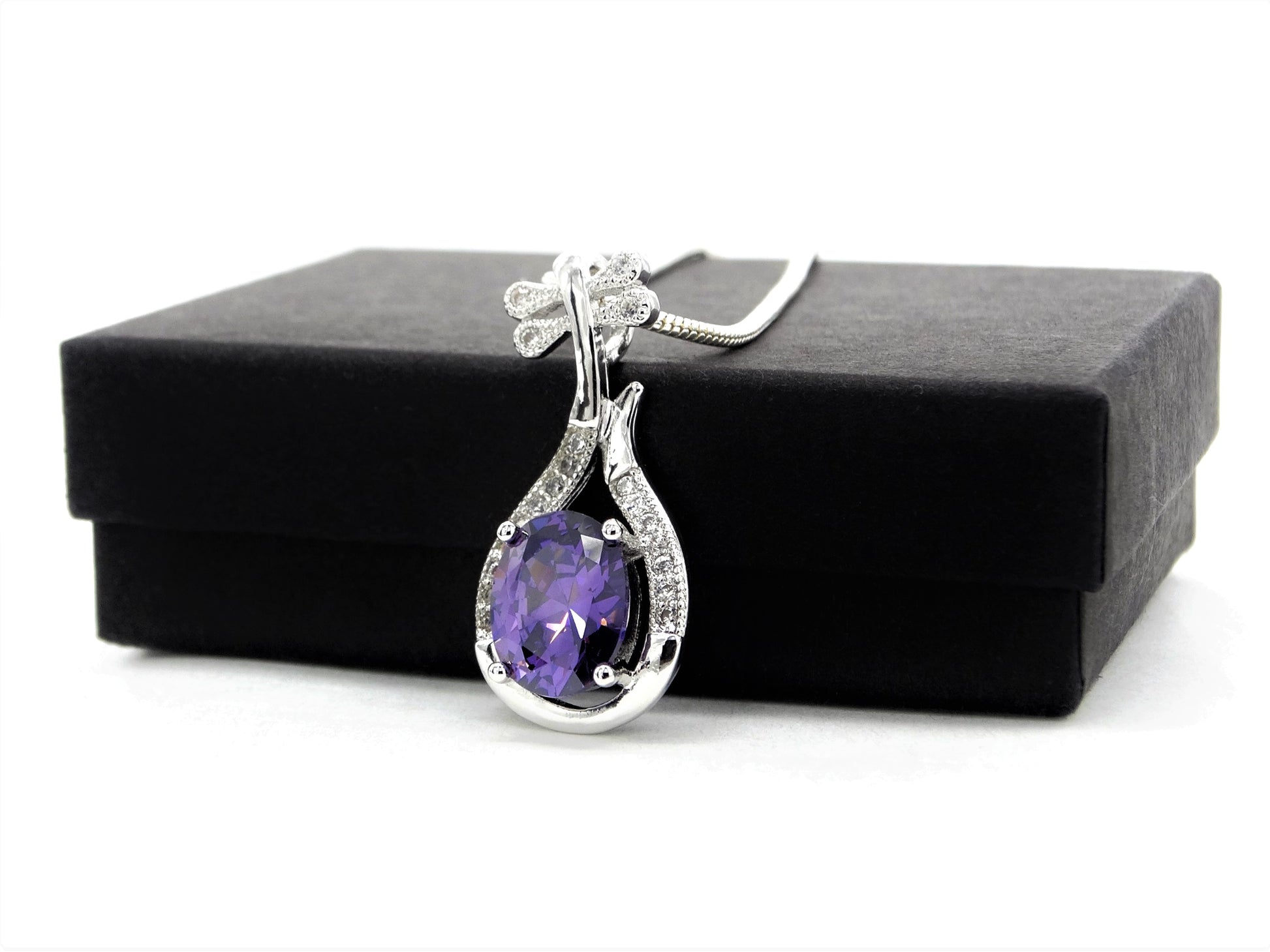 Purple oval gem silver necklace GIFT BOX