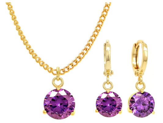 Yellow gold purple round gem necklace and earrings MAIN