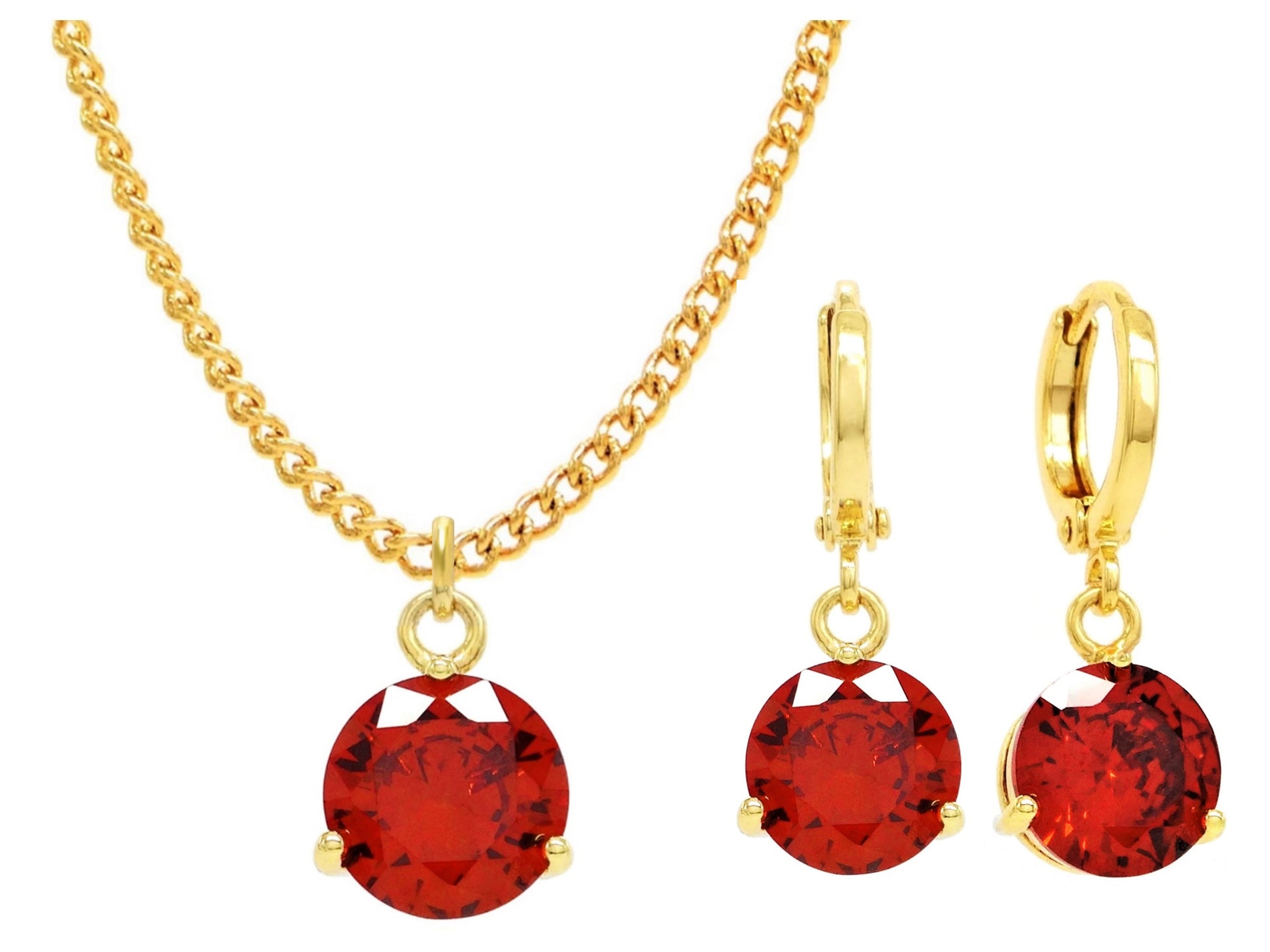 Yellow gold red round gem necklace and earrings MAIN