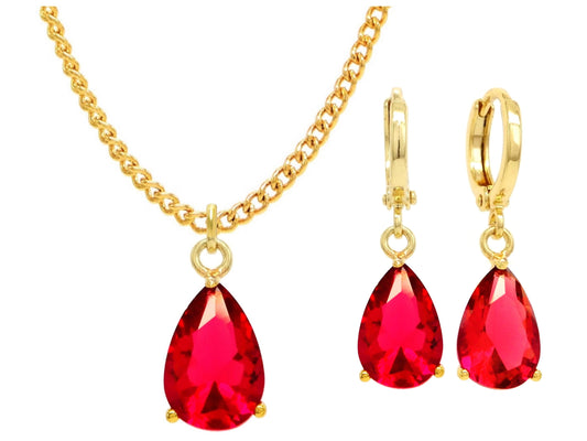 Yellow gold red pear gem necklace and earrings MAIN