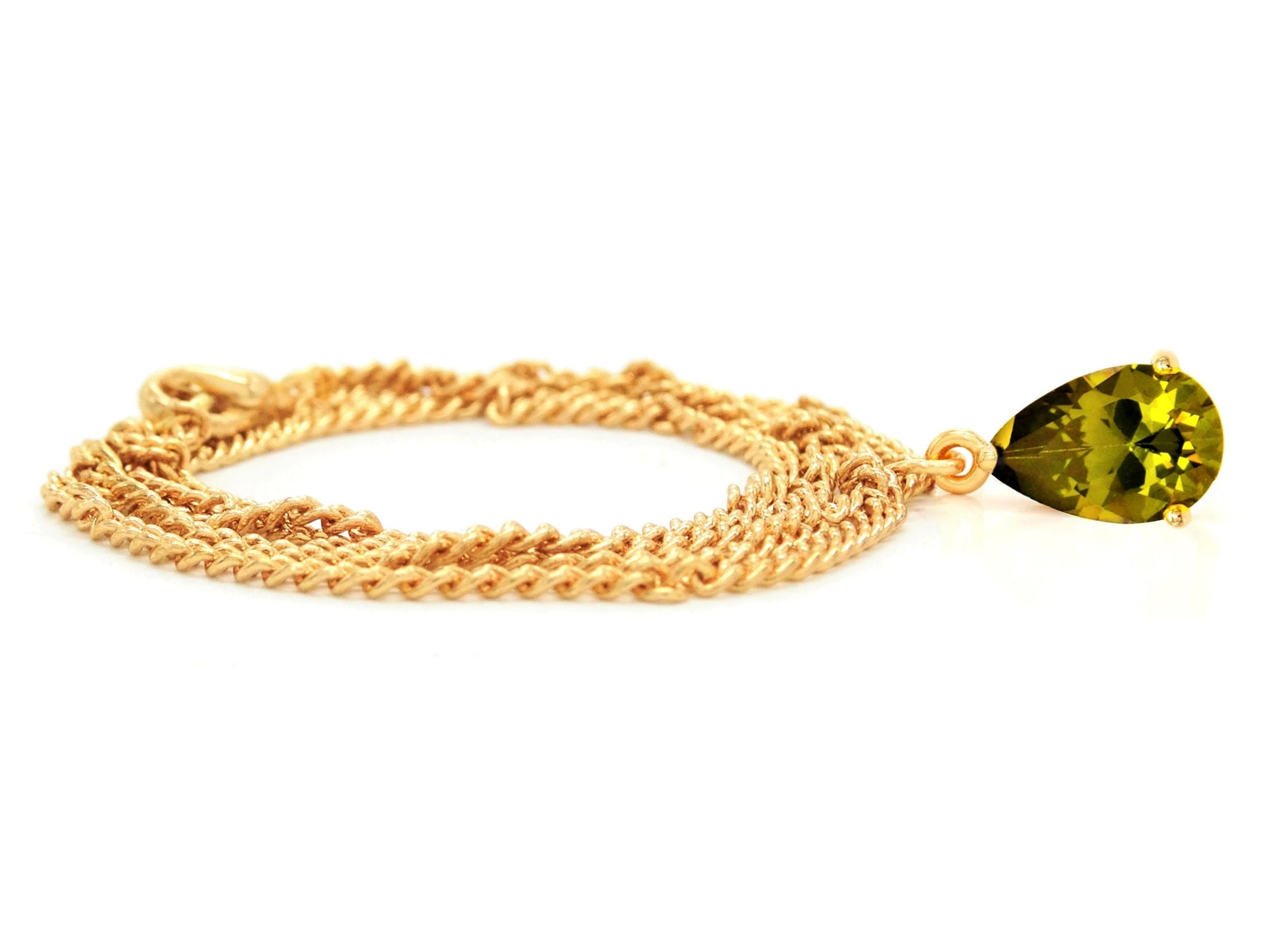 Green raindrop gem gold necklace FRONT