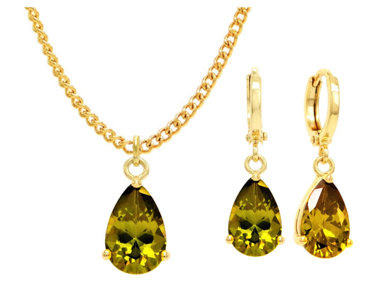 Yellow gold green pear gem necklace and earrings MAIN