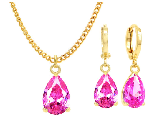 Yellow Gold Pink Pear Gem Necklace And Earrings MAIN