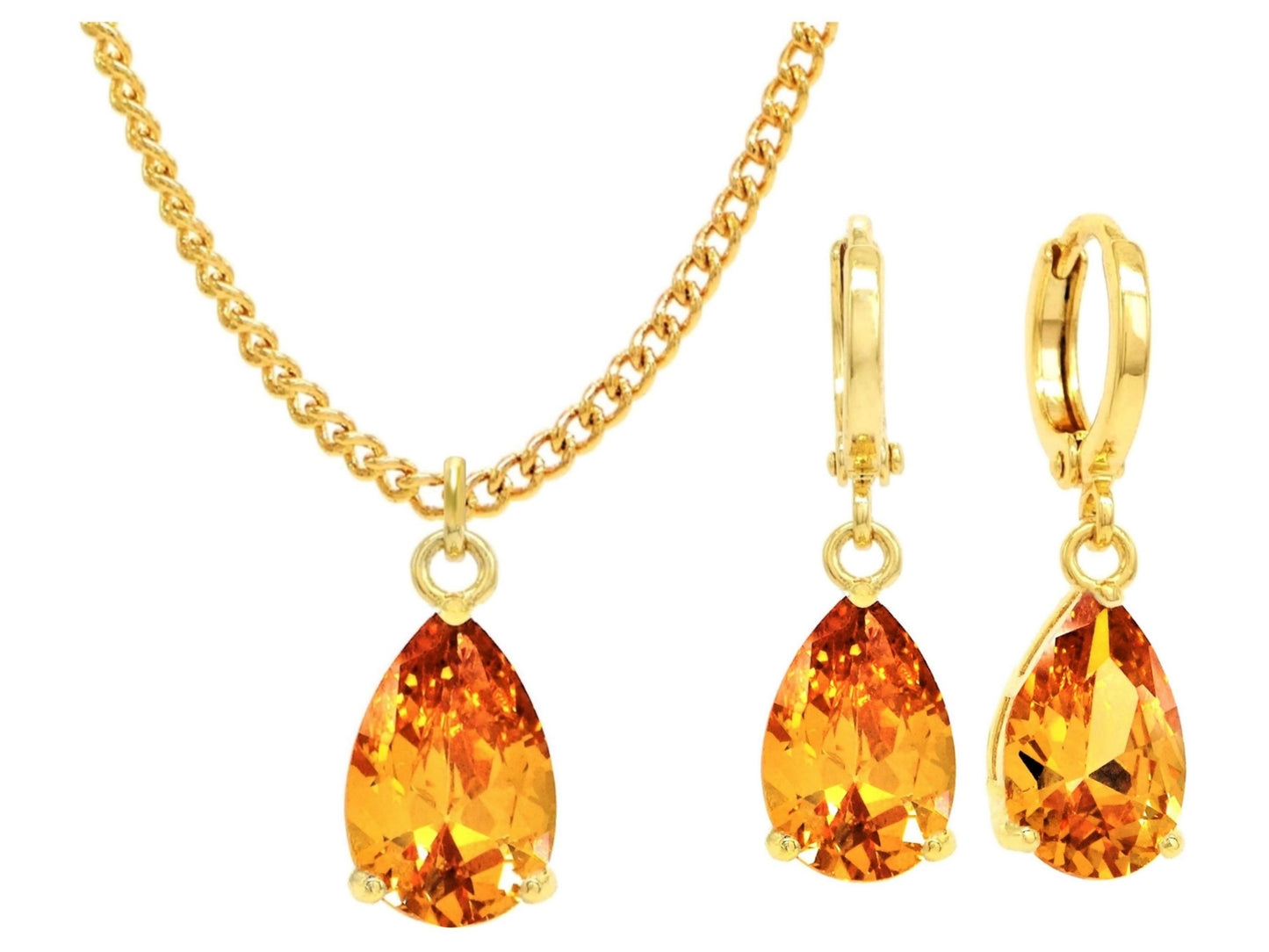 Yellow gold citrine pear gem necklace and earrings MAIN