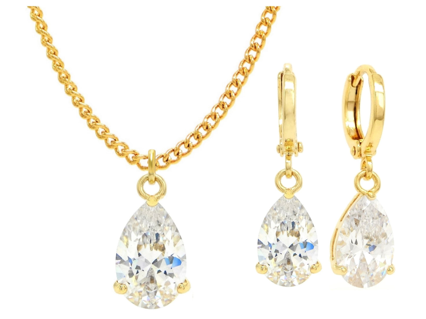 Yellow gold white pear gem necklace and earrings MAIN