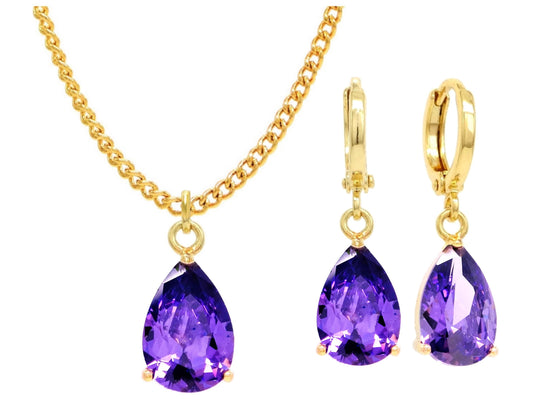 Yellow gold purple pear gem necklace and earrings MAIN