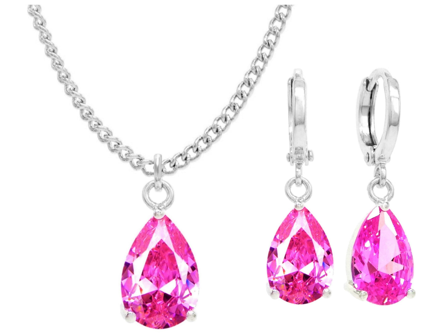 White gold pink pear gem necklace and earrings MAIN