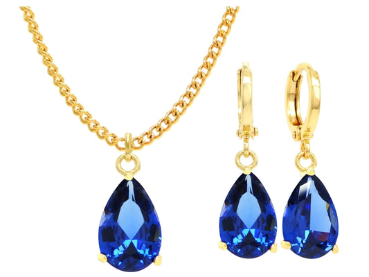 Yellow gold blue pear gem necklace and earrings MAIN