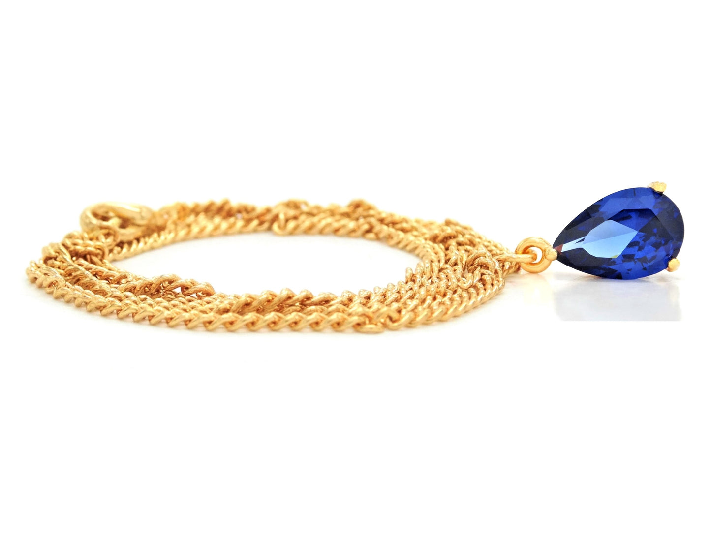 Blue raindrop yellow gold necklace FRONT