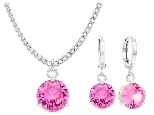 White gold pink round gem necklace and earrings MAIN