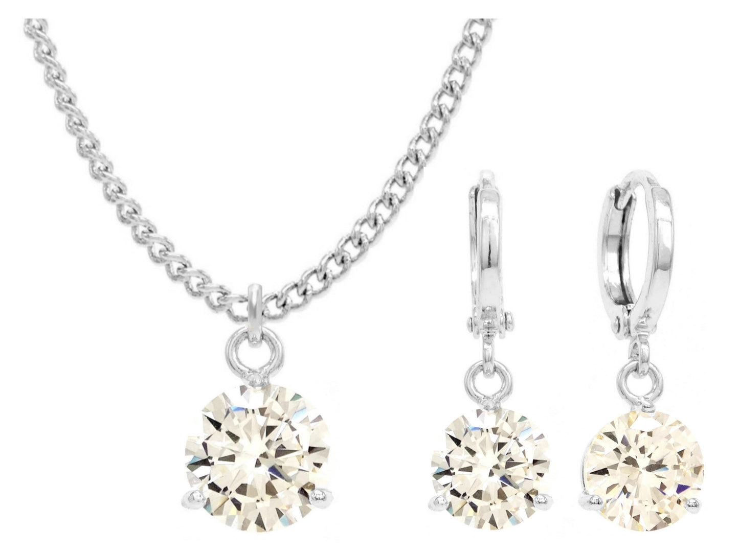 White gold clear round gem necklace and earrings MAIN