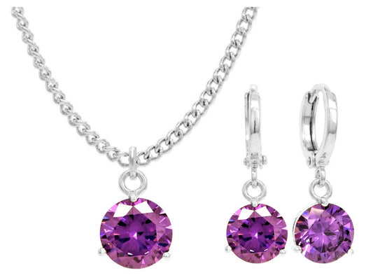 White gold purple round gem necklace and earrings MAIN