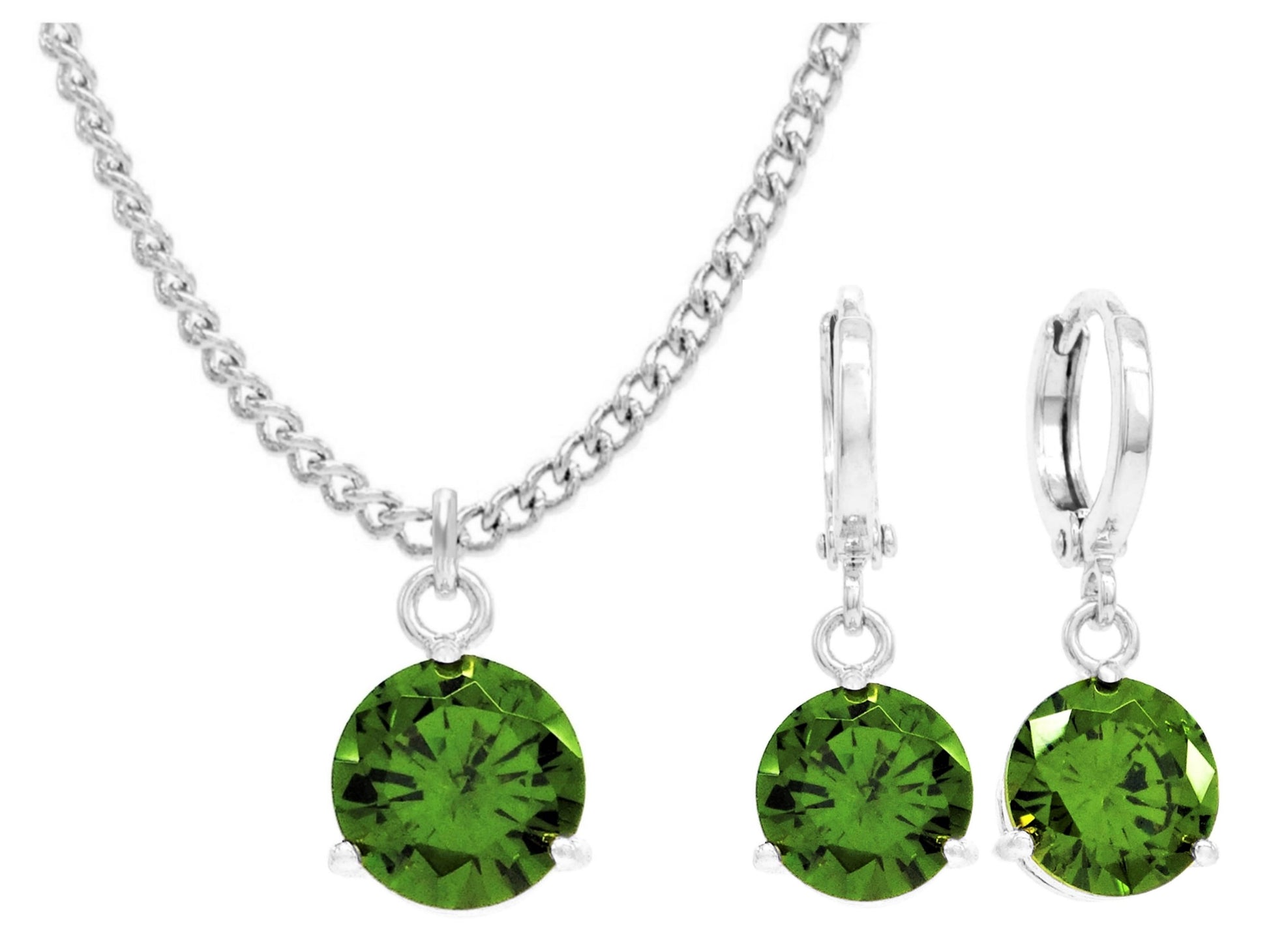 White gold green round gem necklace and earrings MAIN