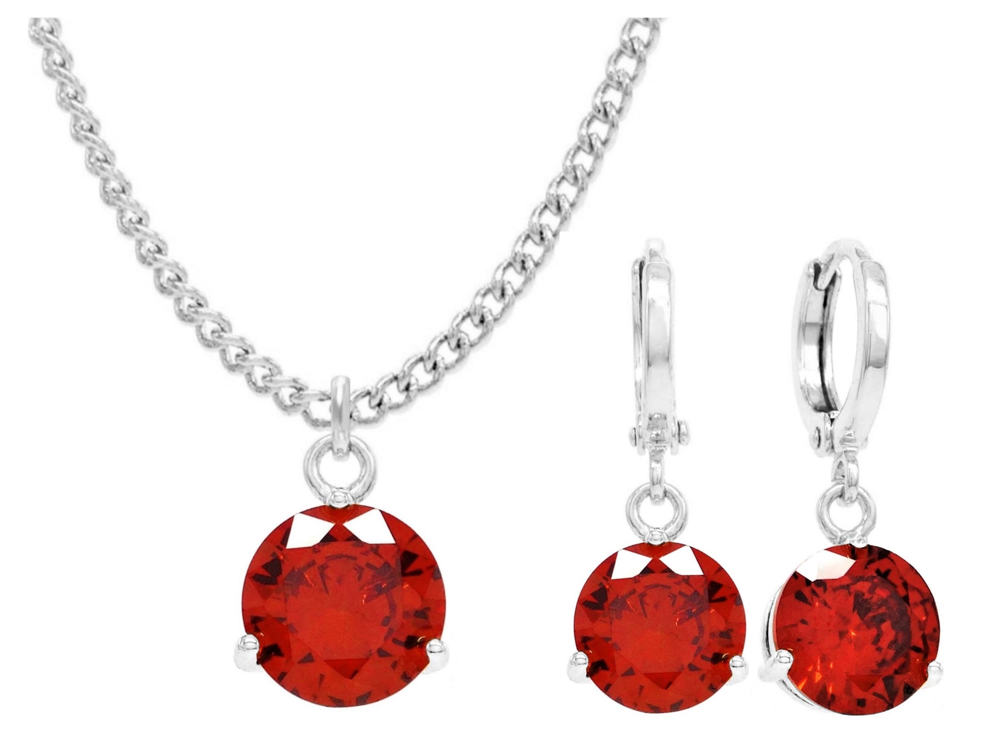 White gold red round gem necklace and earrings MAIN