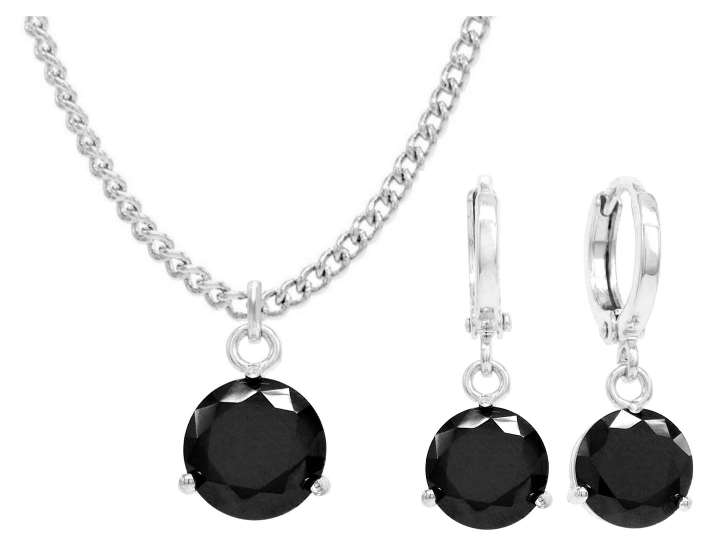 White gold black round gem necklace and earrings MAIN