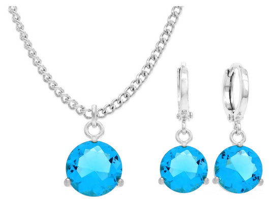 White gold blue round gem necklace and earrings MAIN