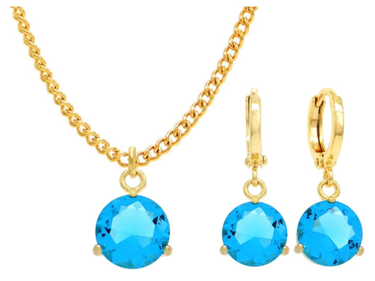 Yellow gold blue round gem necklace and earrings MAIN