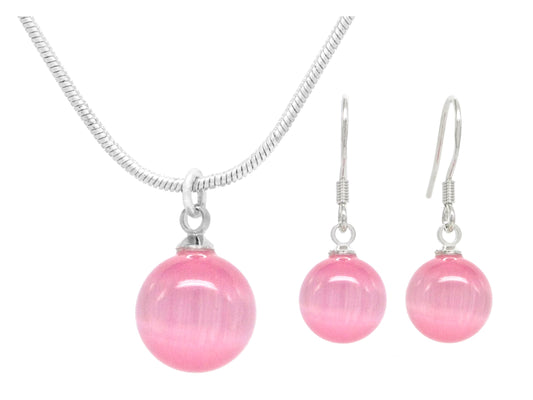 Pink moonstone ball necklace and earrings MAIN