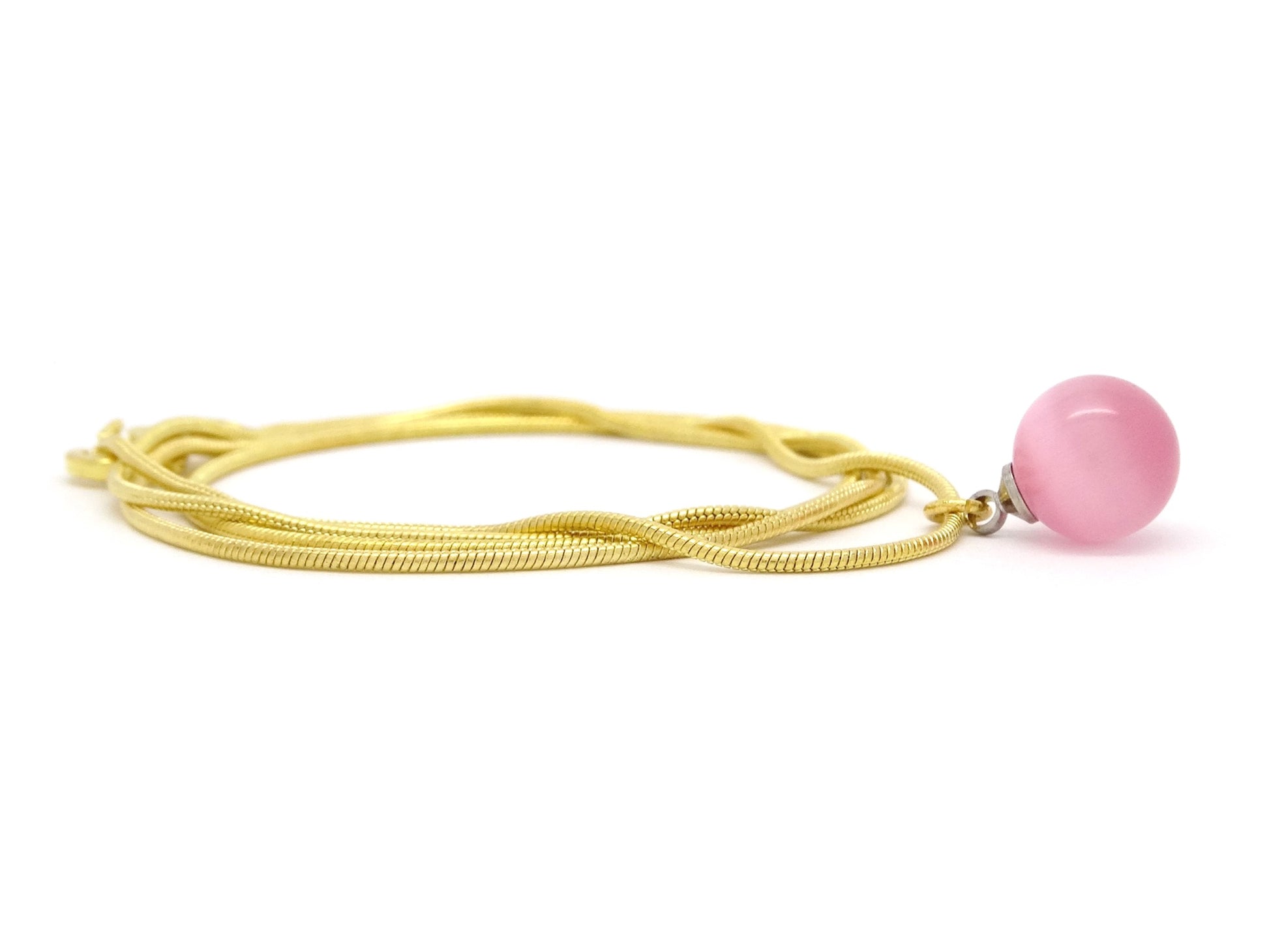 Pink moonstone ball yellow gold necklace DISPLAY