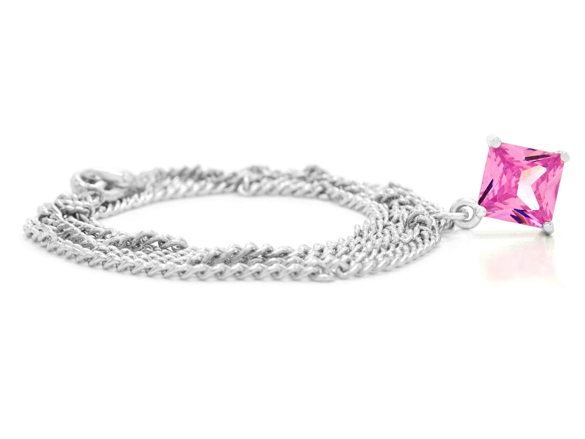Pink gem princess white gold necklace FRONT