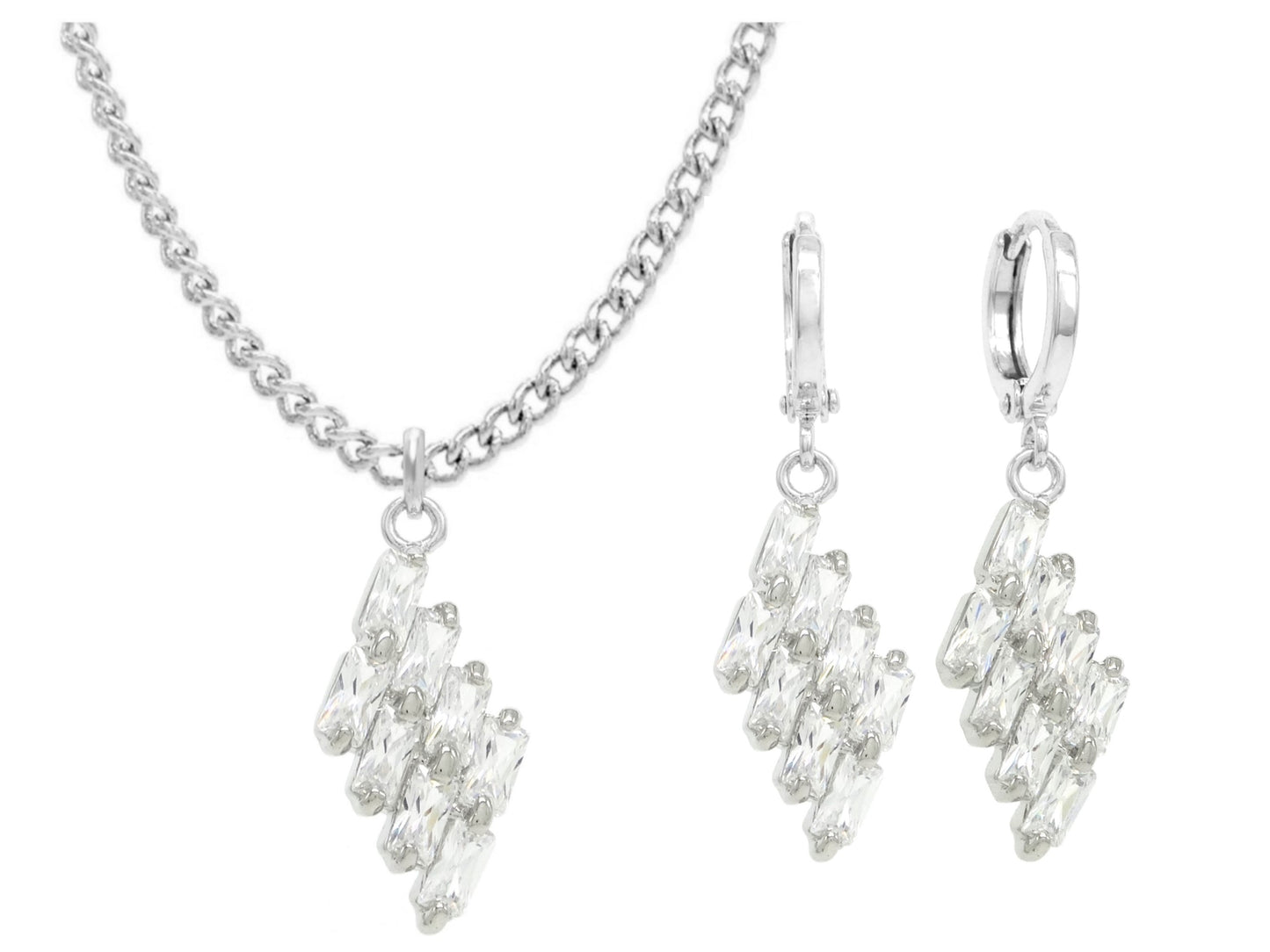 Clear drop baguette white gold necklace and earrings MAIN