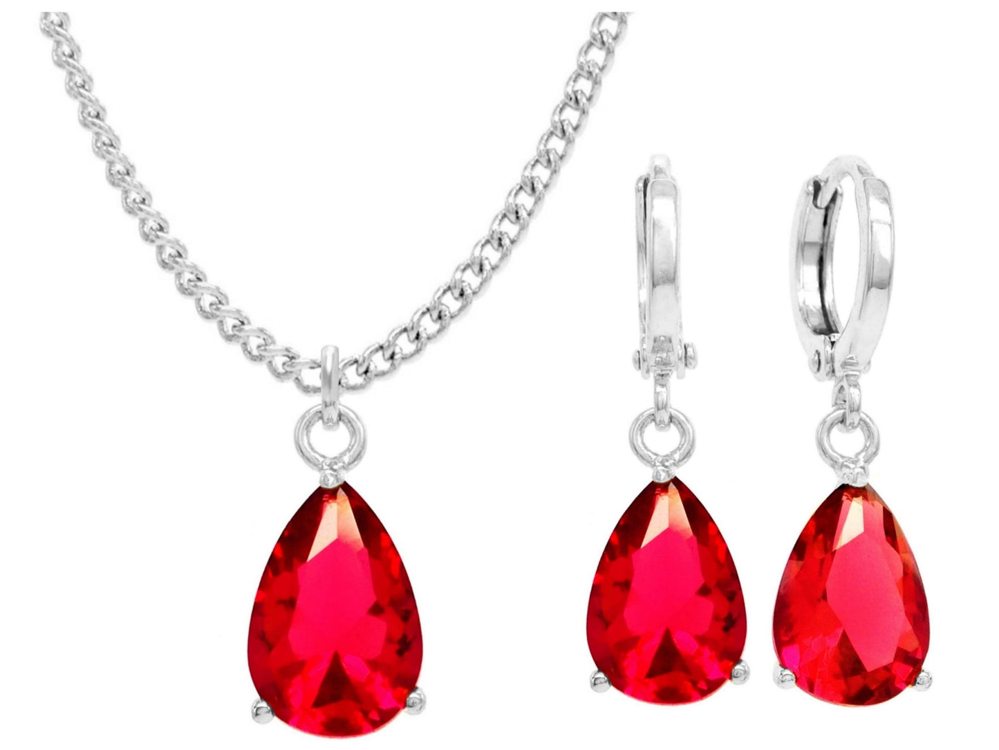 White gold red pear gem necklace and earrings MAIN