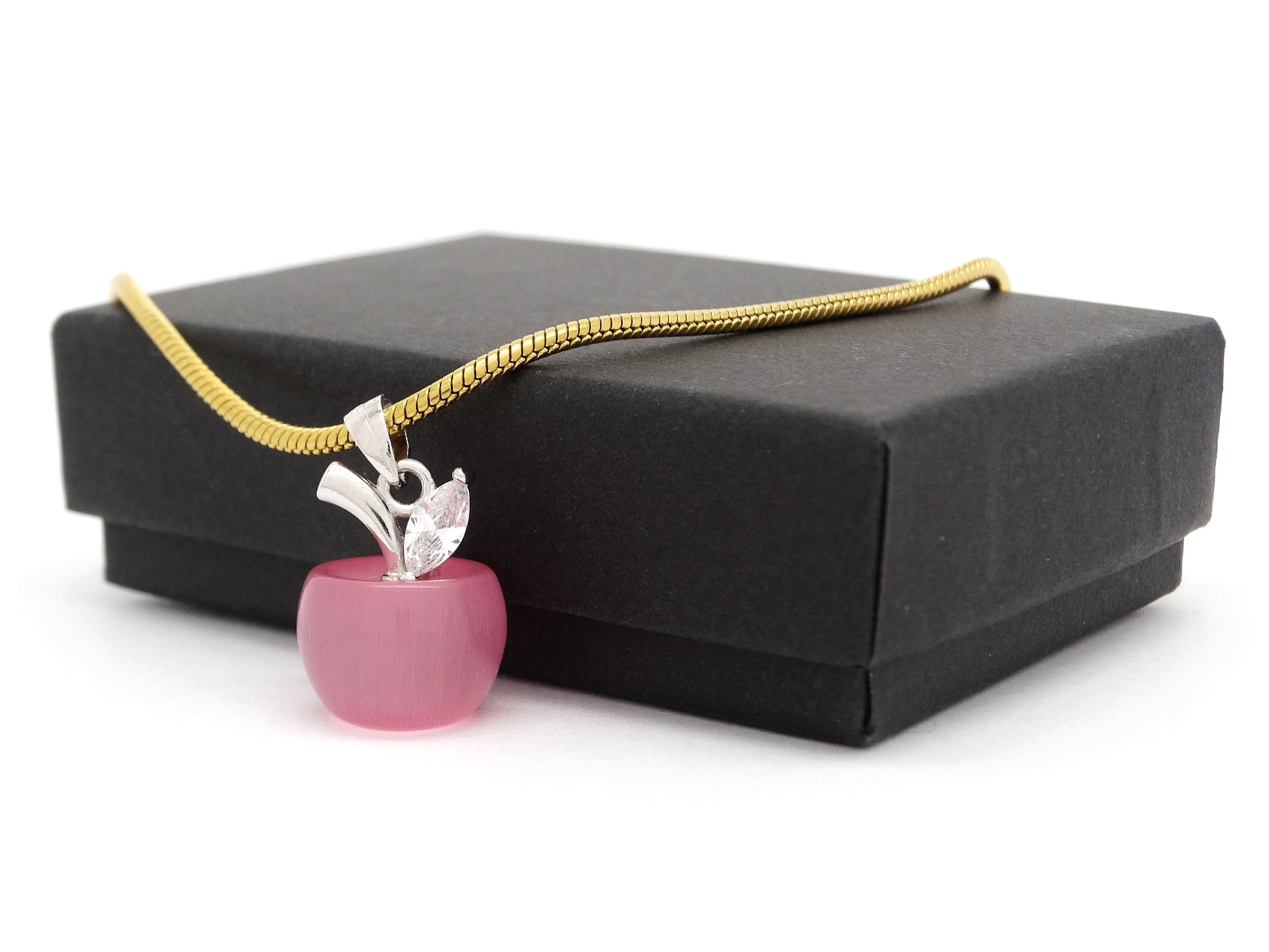 Pink moonstone apple yellow gold necklace GIFT BOX