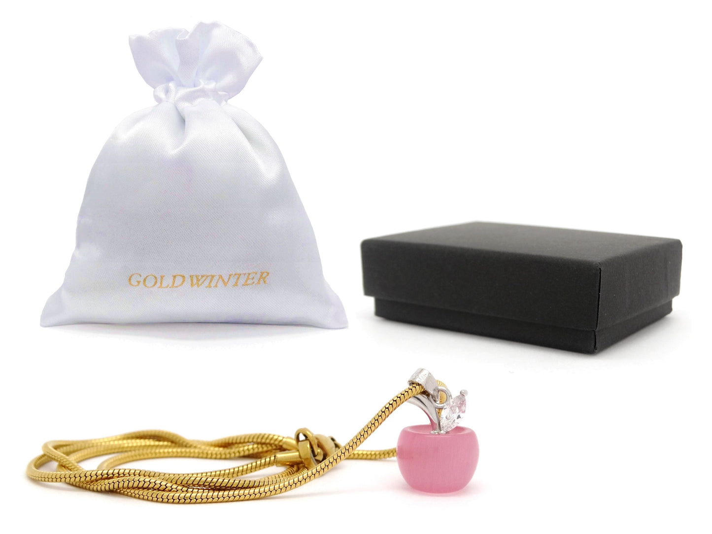 Pink moonstone apple yellow gold necklace GIFT BAG