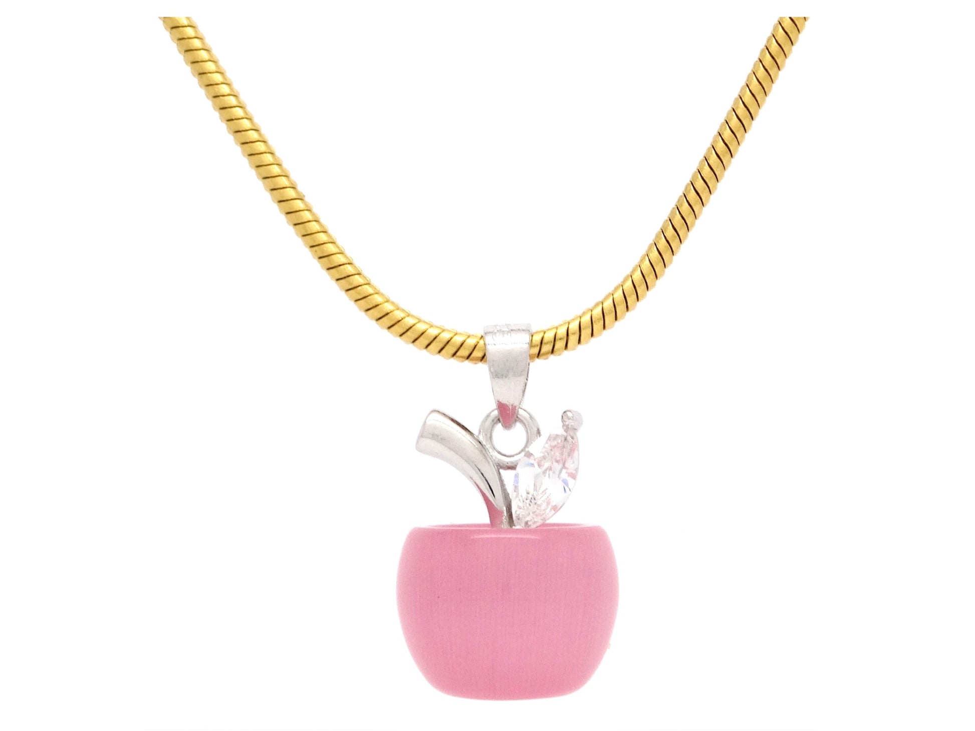 Pink moonstone apple yellow gold necklace FRONT