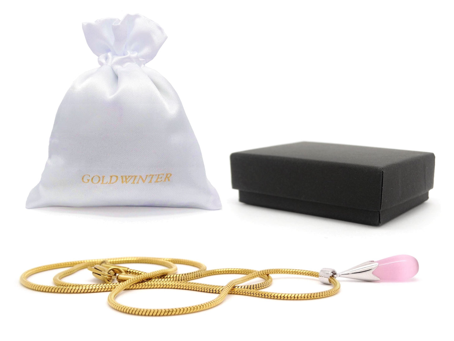 Pink moonstone teardrop yellow gold necklace GIFT BAG