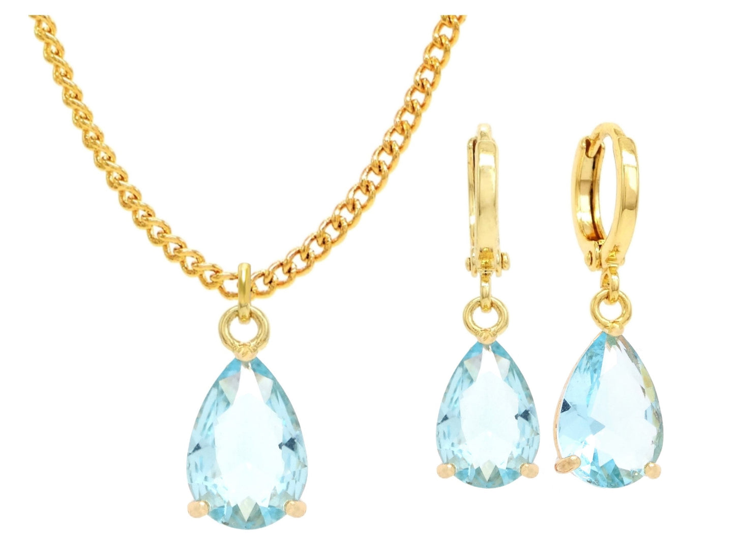 Yellow Gold Light Blue Pear Gem Necklace And Earrings MAIN