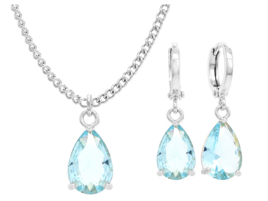White Gold Light Blue Pear Gem Necklace And Earrings MAIN