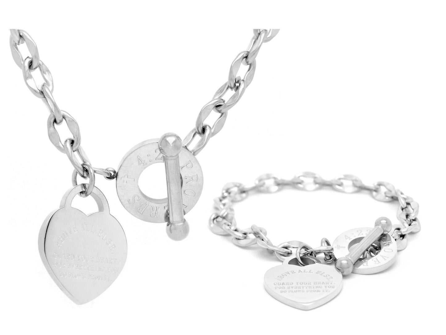 White gold proverbs 4:23 jewellery set bracelet and necklace
