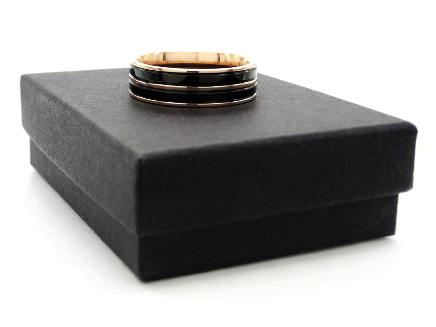 Rose gold steel black ring GIFT BOX