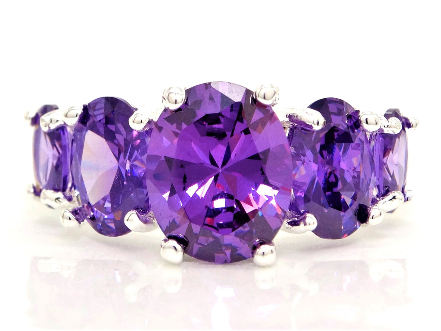 Purple oval gems silver ring