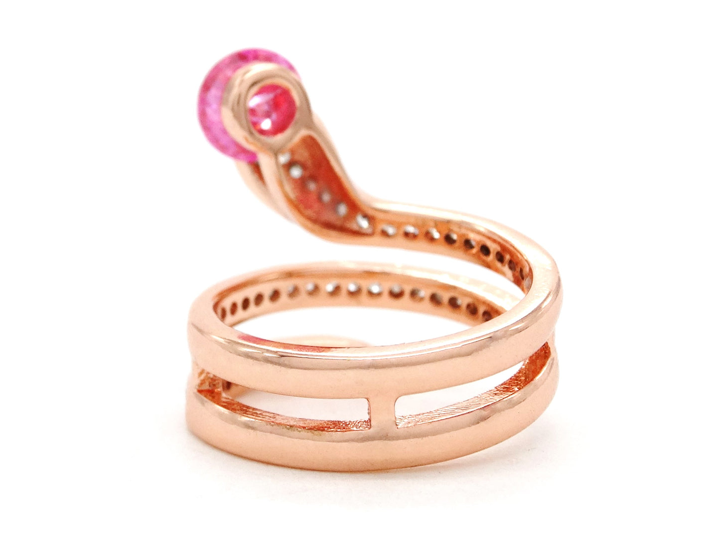 Rose gold snake ring with pink gemstone BACK
